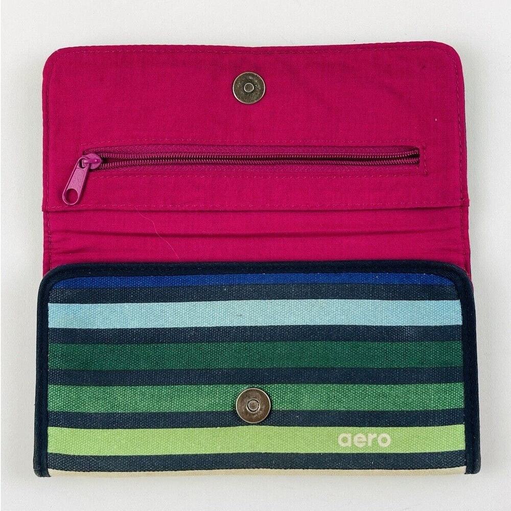 Aeropostale Canvas Striped Trifold Snap Closure Wallet Vintage Green Magenta Wom